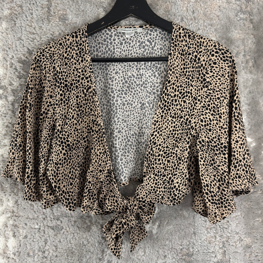 American Eagle Size XS Animal Print Front Tie Crop Top Tan Short Sleeve Women‎